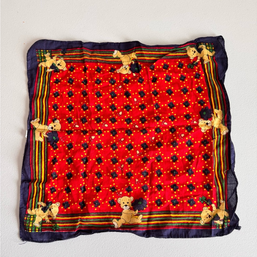 Vintage Teddy Bear Print Red Silk Scarf Bandana